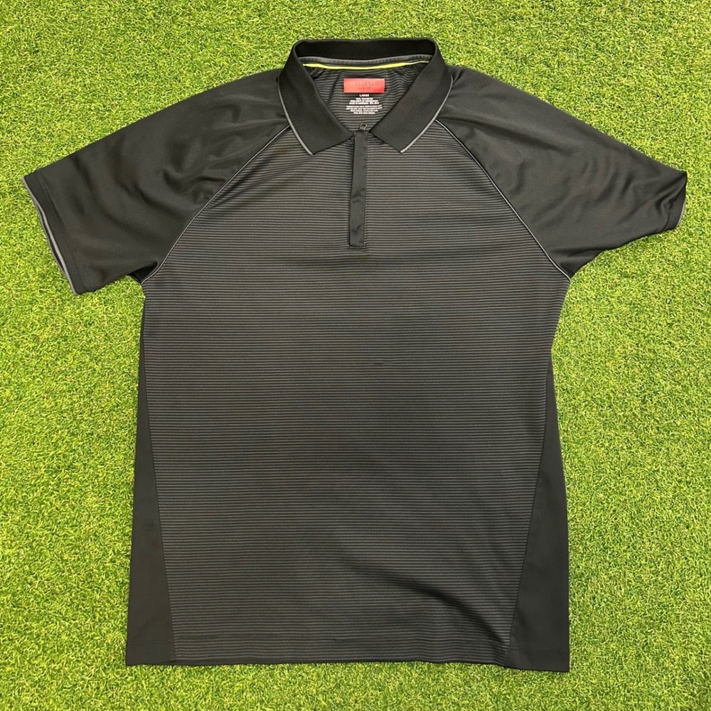 Alfani Slim Fit Mens Black Striped Zip Polo Shirt Large Short Sleeve Raglan
